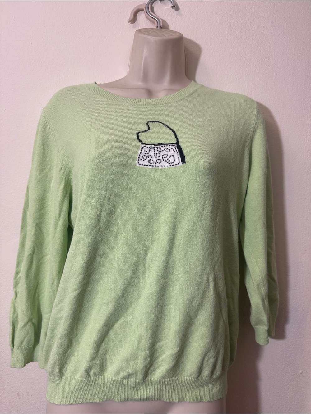 Casual Corner Vtg. Lime Green Novelty Embroidered Sweater Sz L 80’s-90s HTF